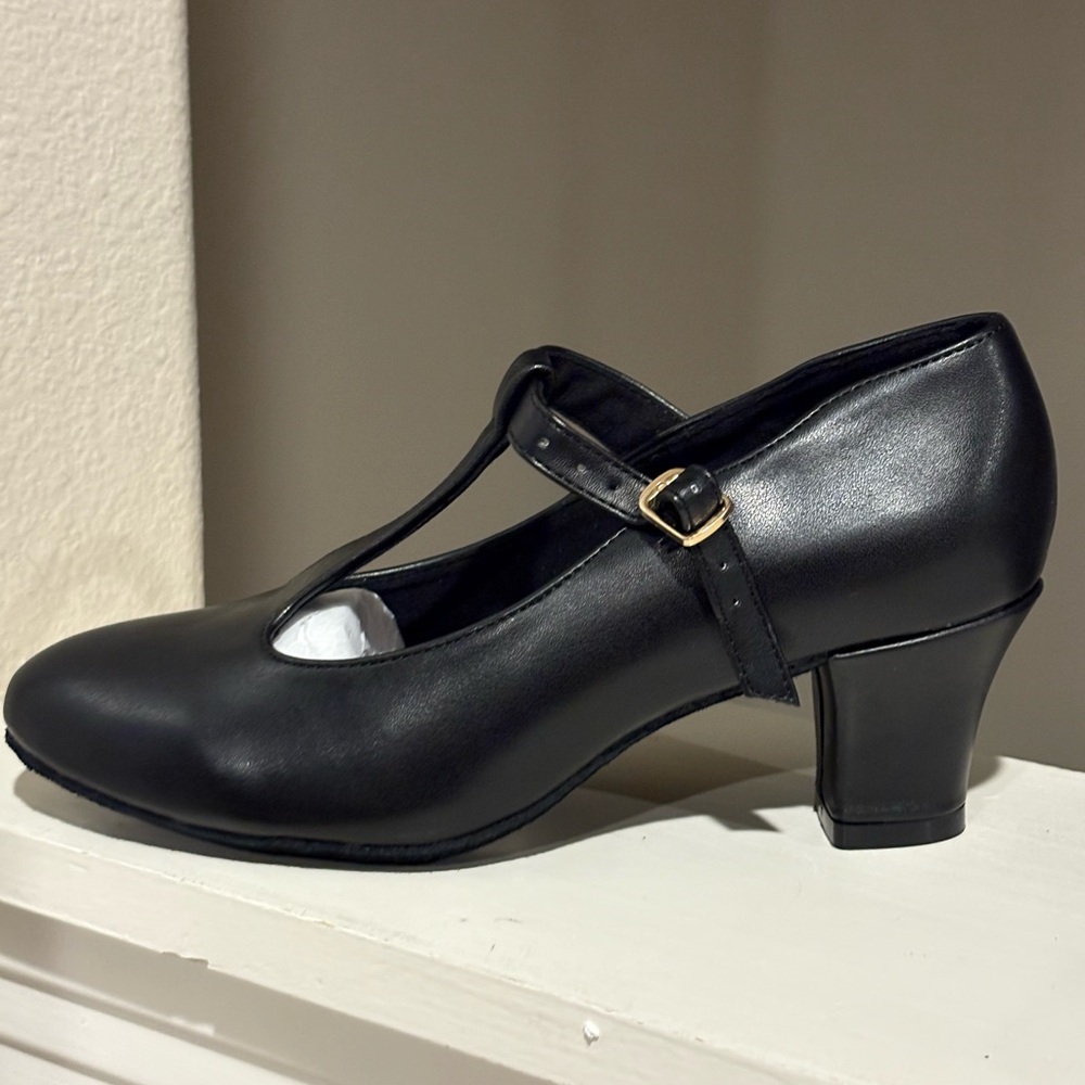 Bokimd T-Strap Latin Salsa Ballroom Dance Heels LEATHER BLACK Womens Size 7 - Picture 4 of 8